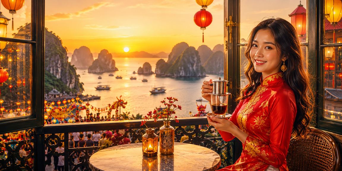 Người chơi đặt cược casino bên cốc cà phê với tầm nhìn Vịnh Hạ Long yên bình