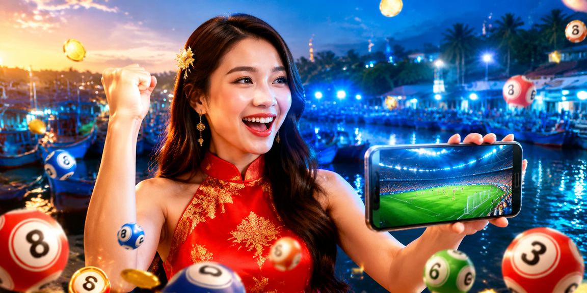 Người chơi xổ số tại bãi biển Mũi Né với giao diện điện thoại hiển thị kết quả