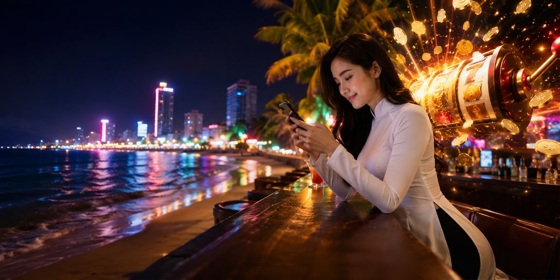 Người chơi mặc áo dài chơi slot game trên điện thoại tại Quy Nhơn